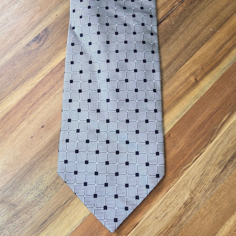 Roberto Villini Repp Silk Neck Tie Mens Silver Geometric Basketweave Hand Made